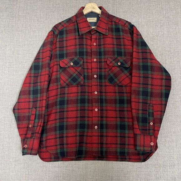 Vintage Arrow Shirt Mens Large Wool Tartan Plaid Red Long Sleeve Button - Picture 1 of 10
